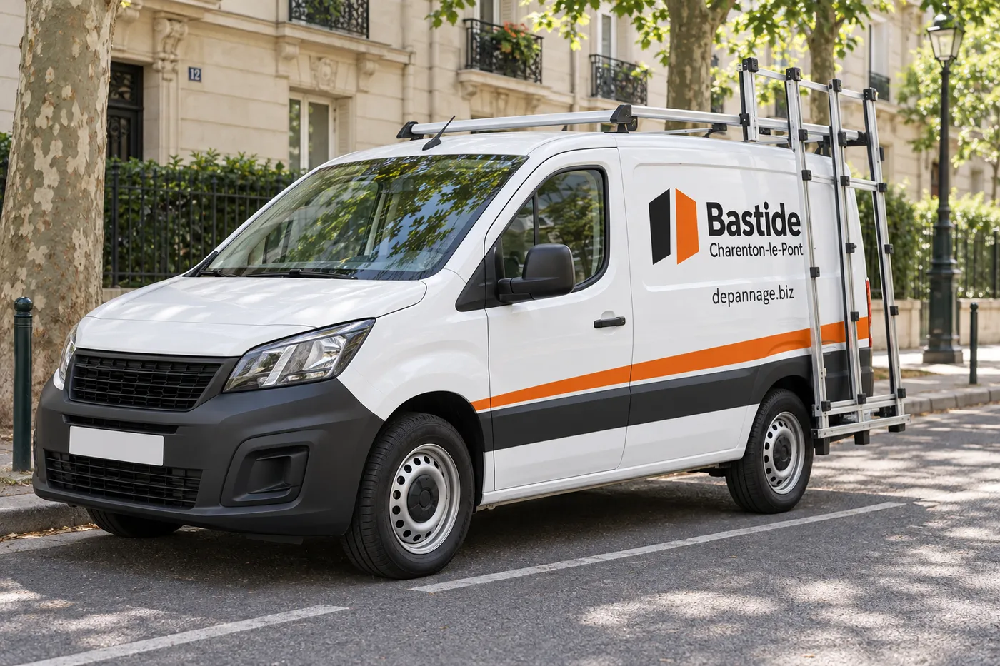 Fourgon blanc Bastide Charenton-le-Pont marqué depannage.biz garé dans une rue résidentielle bordée d'immeubles en pierre