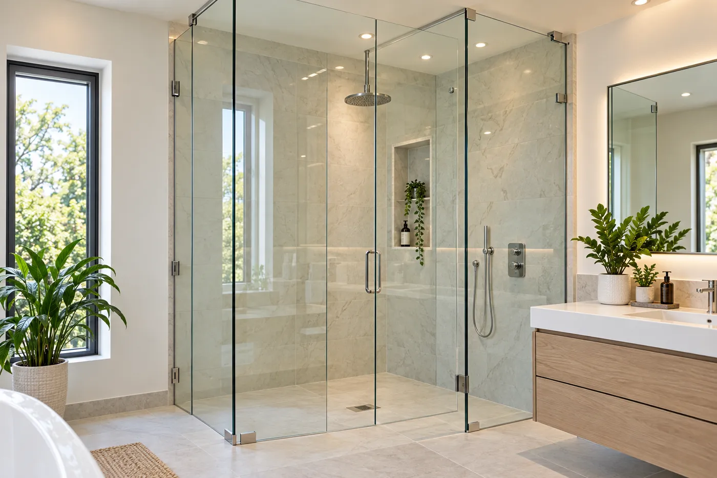 Paroi de douche en verre trempé clair et miroir sur mesure dans une salle de bains lumineuse
