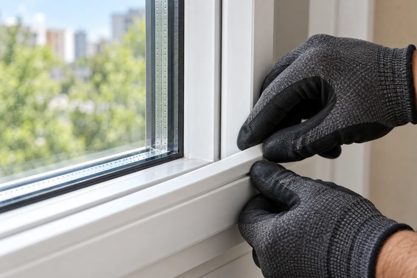 Mains gantées remettant en place la parclose d'un double vitrage neuf sur une fenêtre PVC blanche